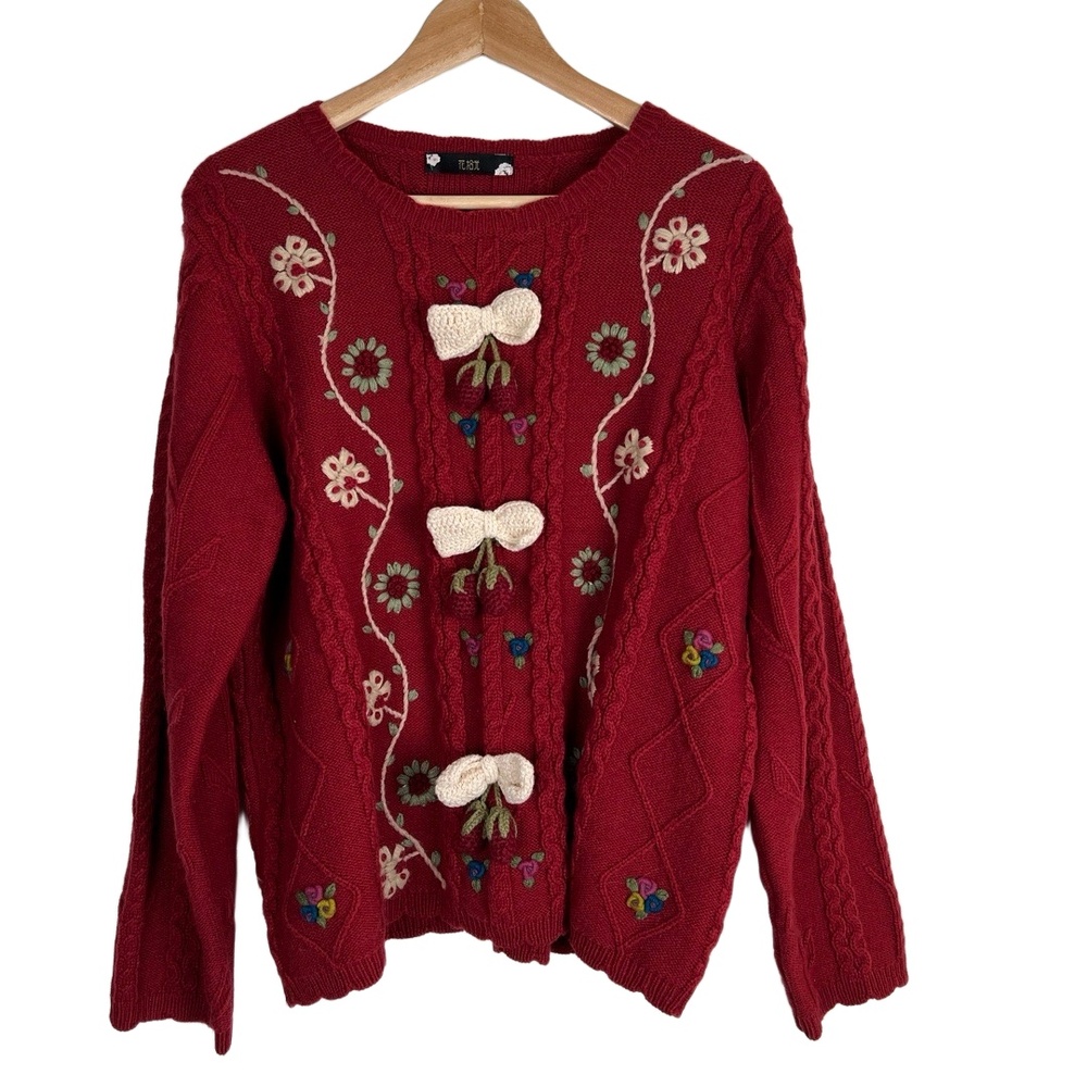 Hua Shi Guang Sweater Womens Size Large Red Novelty Embroidered Crocheted Funky